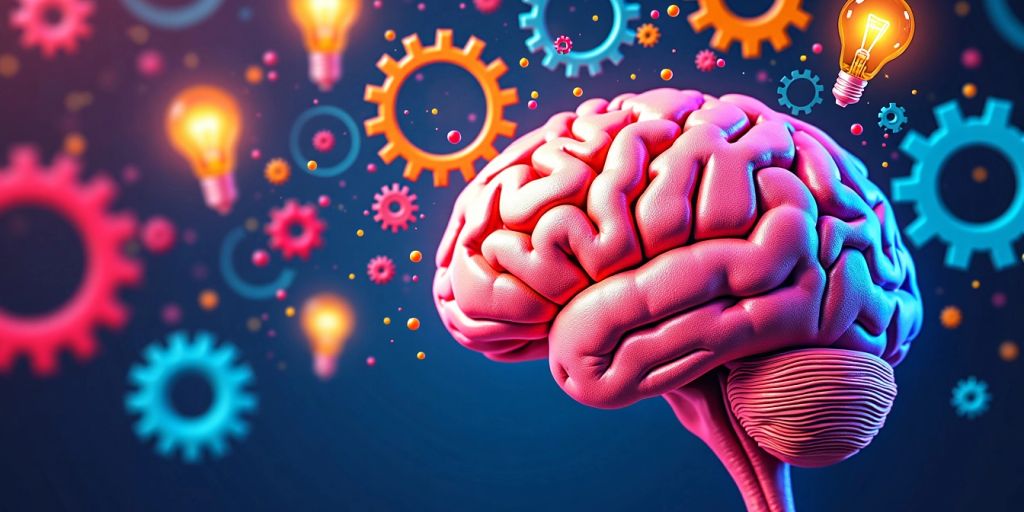 Colorful brain with gears and light bulbs.