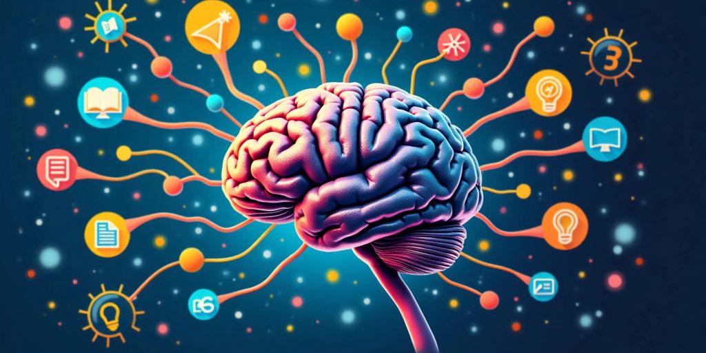 Colorful brain with memory icons representing learning concepts.