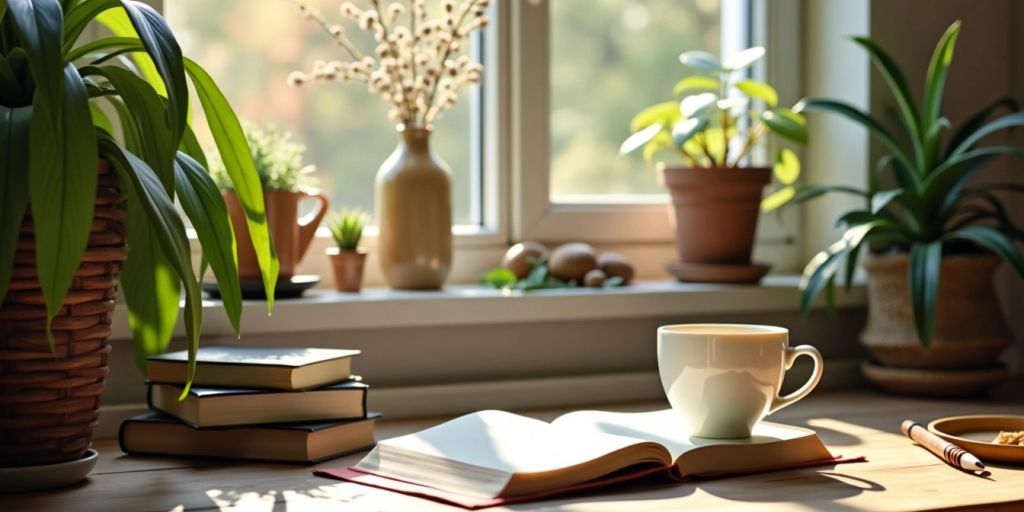 Cozy study area with plants and herbal tea.