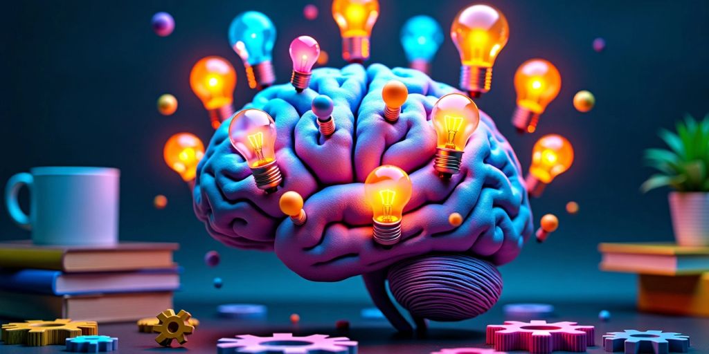 Colorful brain with light bulbs and gears representing memory.