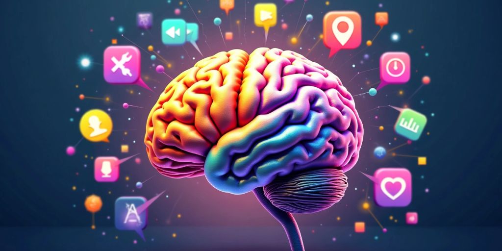 Colorful brain with memory app icons around it.