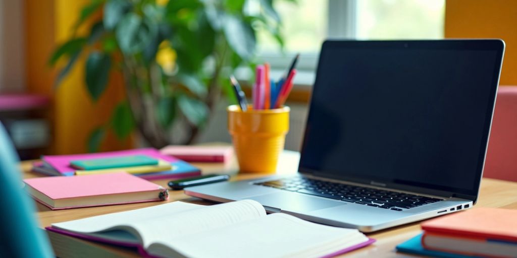 Bright study space with laptop and colorful stationery.