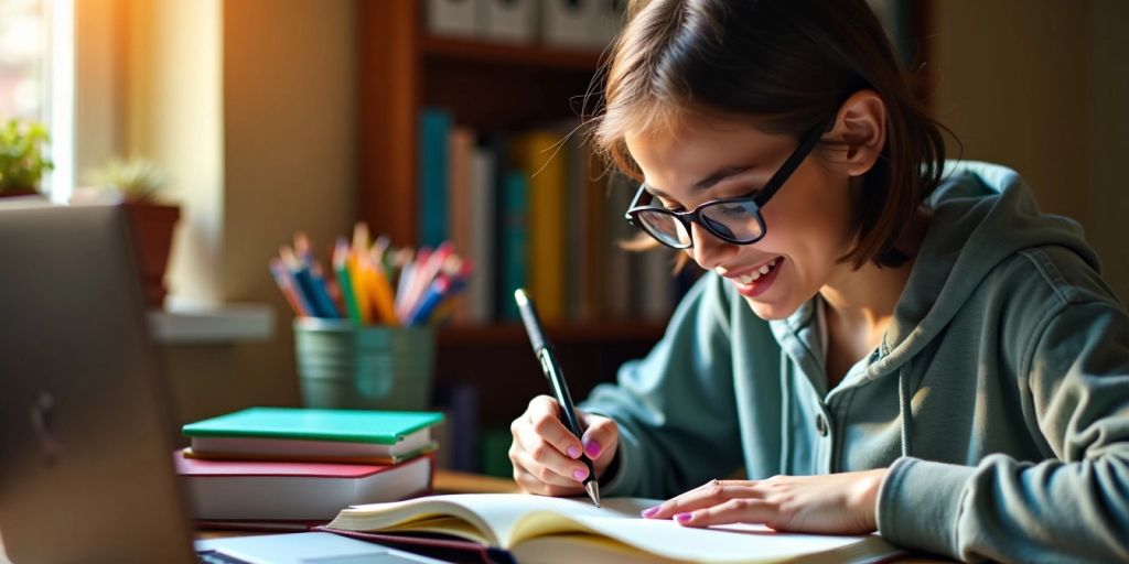 Student taking notes in a cozy study space.