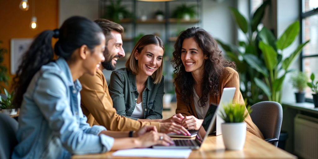 Diverse team collaborating in a modern office setting.