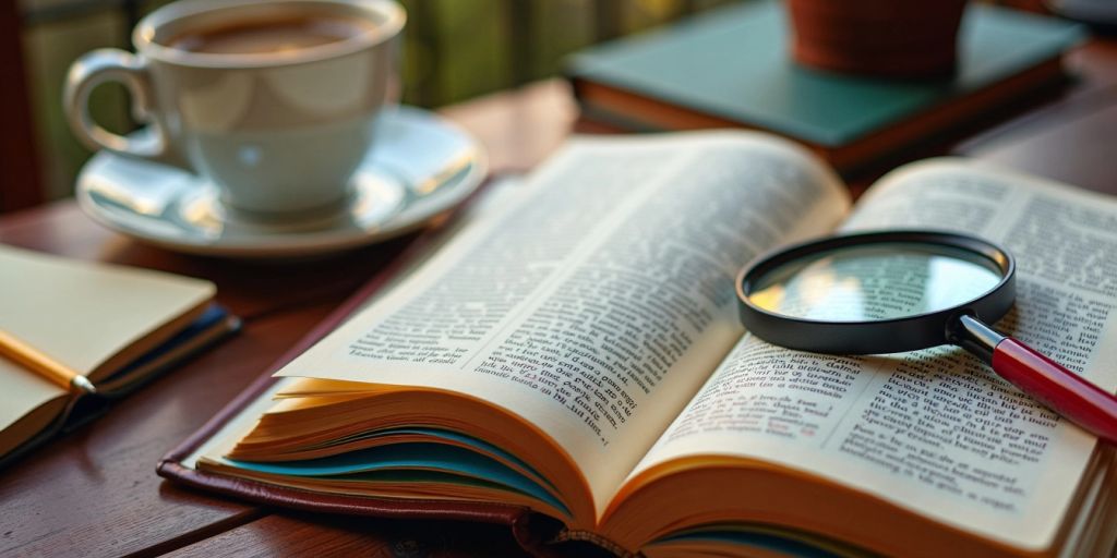 Open book with magnifying glass and coffee cup.