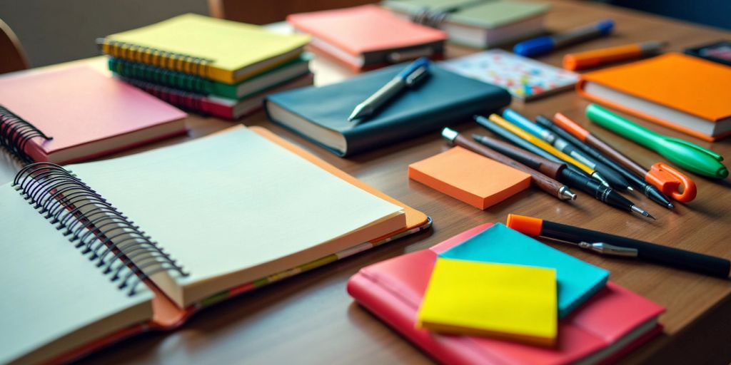 Colorful notebooks and pens on a wooden table.