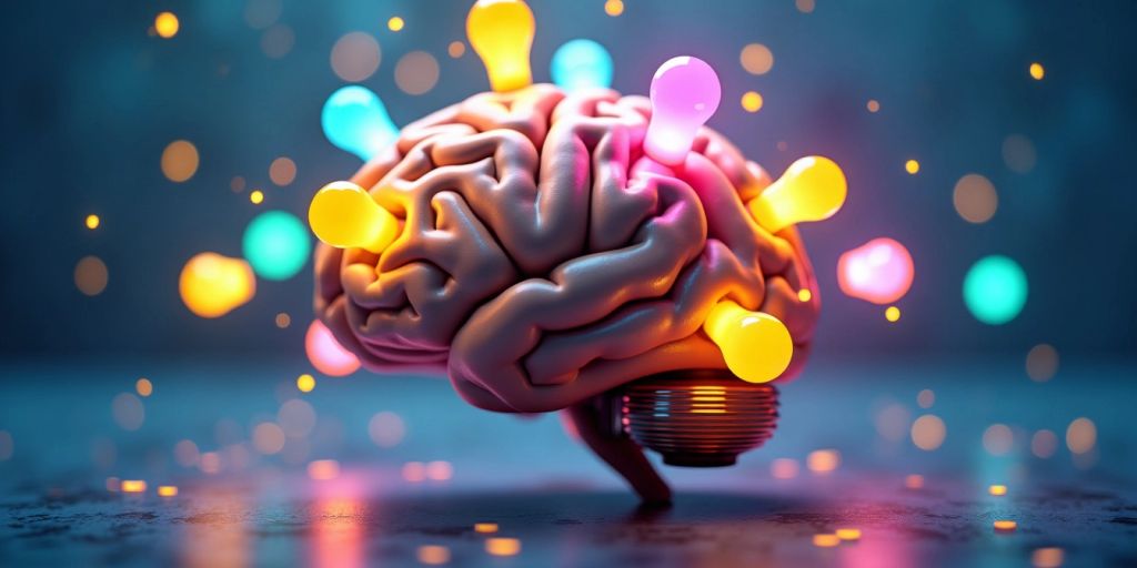 Colorful brain with light bulbs on a gradient background.