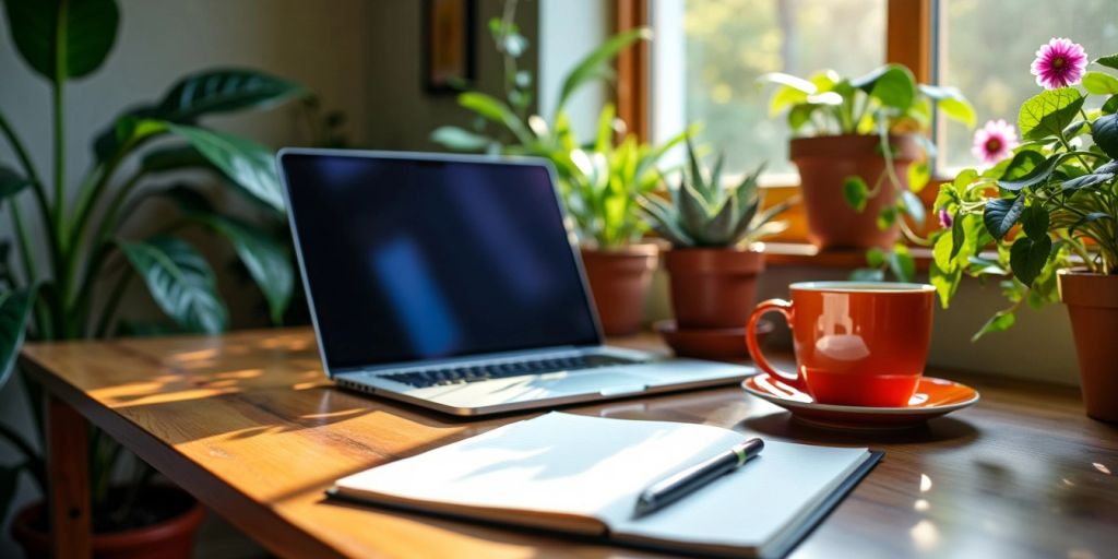 A workspace with a laptop, notepad, and coffee.