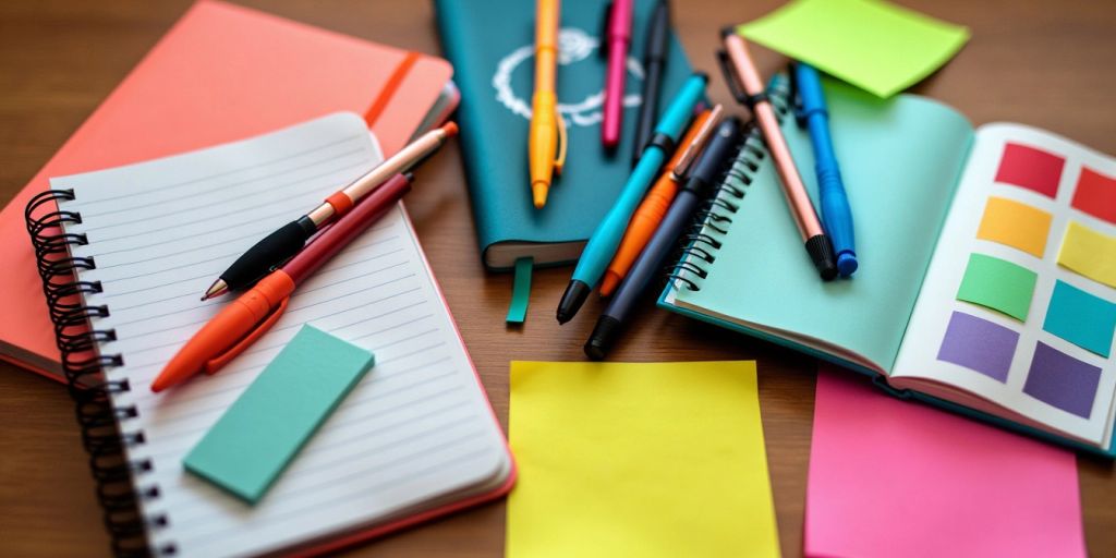 Colorful notebooks and pens on a wooden desk.