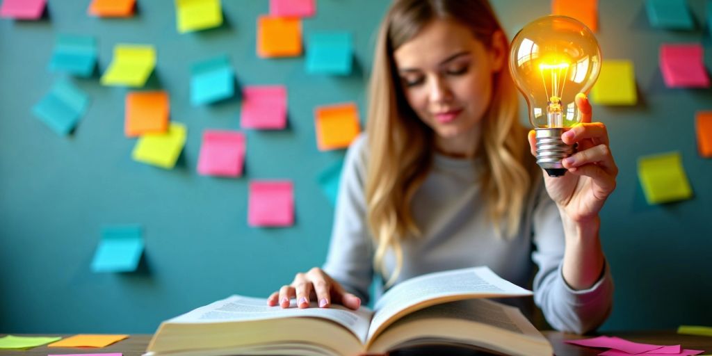 Person reading with sticky notes and a light bulb.