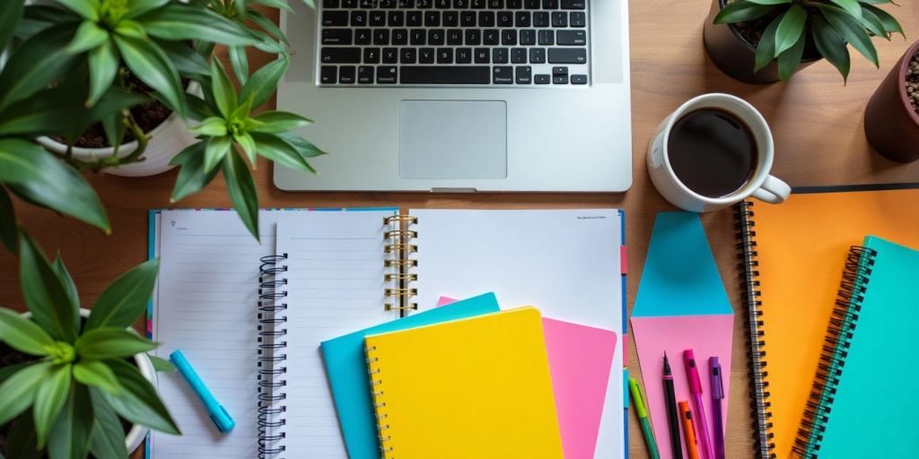 Colorful study materials on a desk with plants.