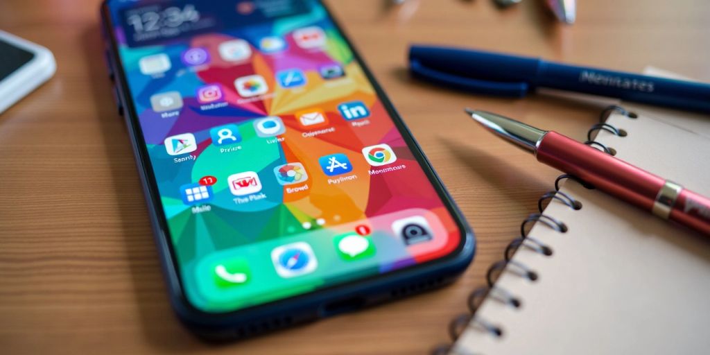 Smartphone with colorful study app icons on a desk.