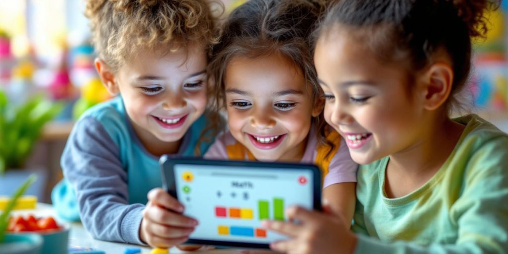 Children enjoying a math learning app on a tablet.