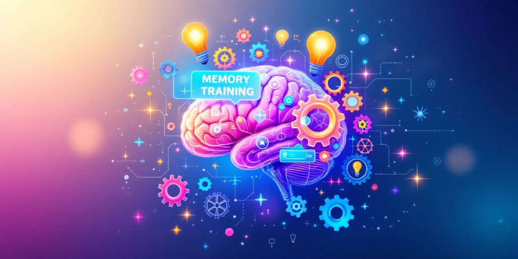 Colorful brain with gears and lightbulbs for memory training.