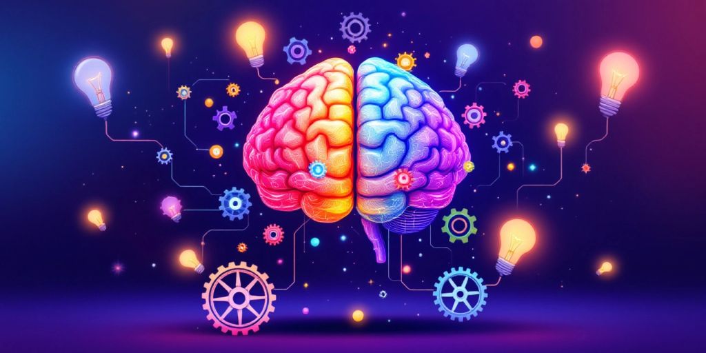 Colorful brain with gears and light bulbs for cognitive boost.