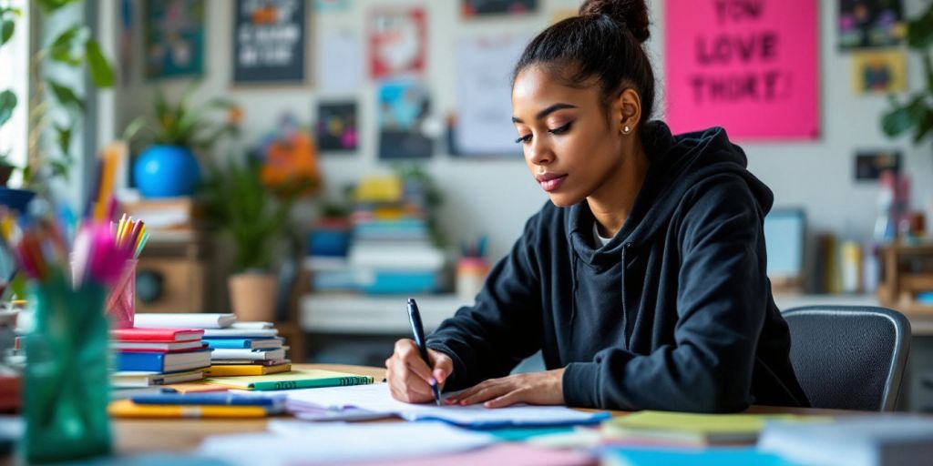 Student taking notes at a desk with colorful supplies.