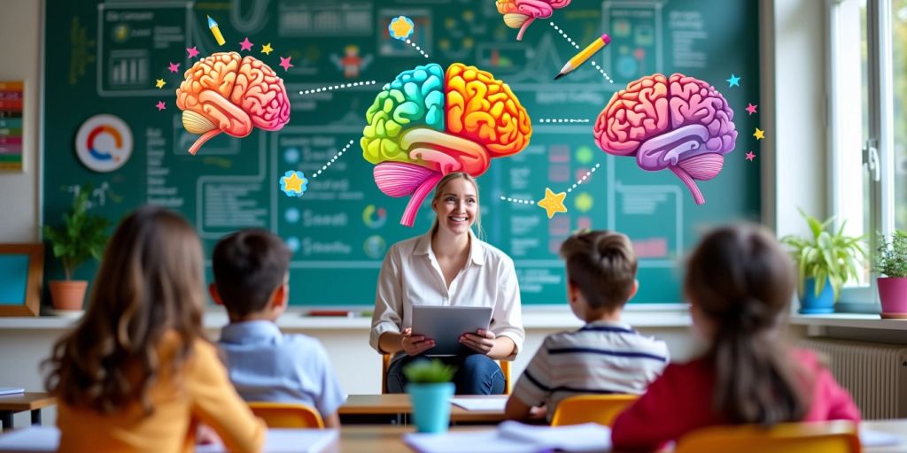 Classroom with students and brain illustrations for learning.