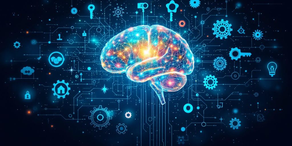 Colorful brain with memory symbols like keys and gears.