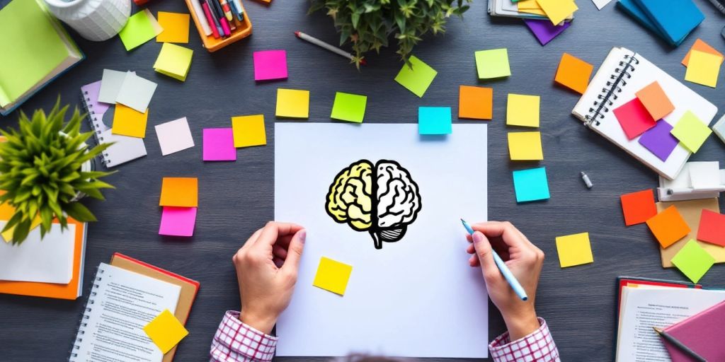 Person studying with sticky notes and brain illustration.