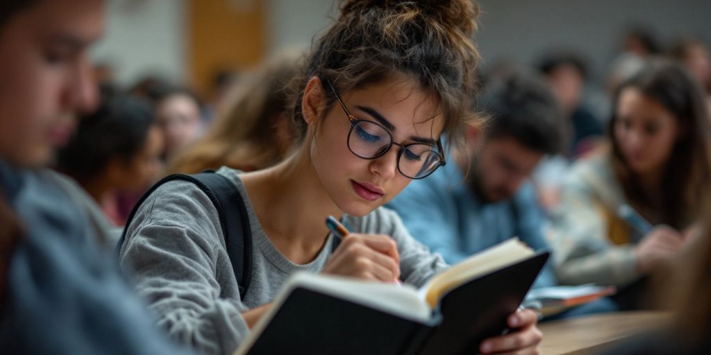 Student taking notes in a lecture hall.