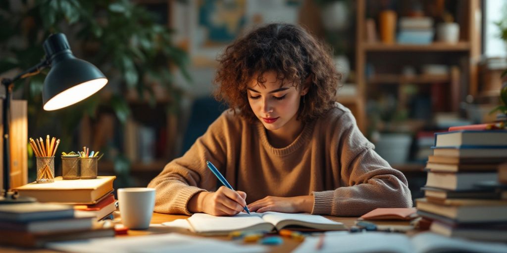 Student studying with books and coffee in a cozy space.