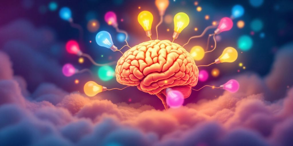 Colorful brain with light bulbs for memory improvement.