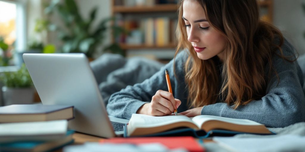 Student studying with books and laptop in a cozy space.