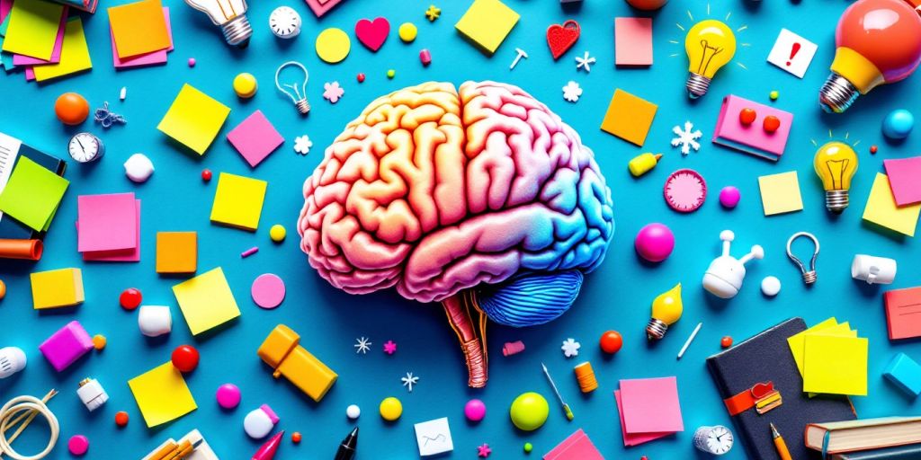 Colorful brain with memory aids for instant improvement techniques.