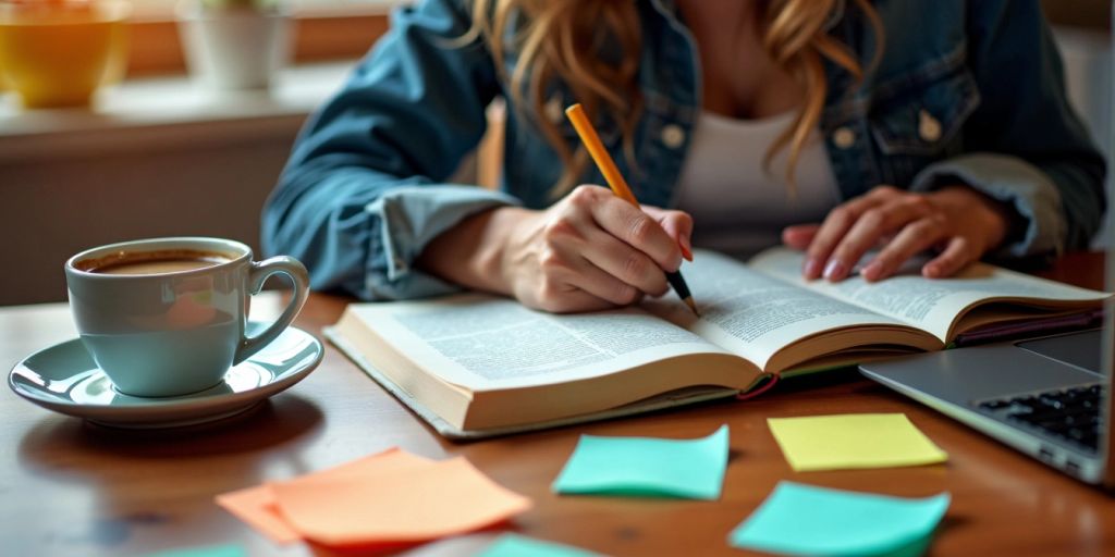 Person studying with books and colorful sticky notes.