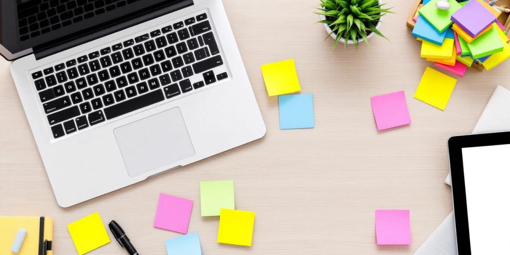 A modern workspace with a laptop and sticky notes.