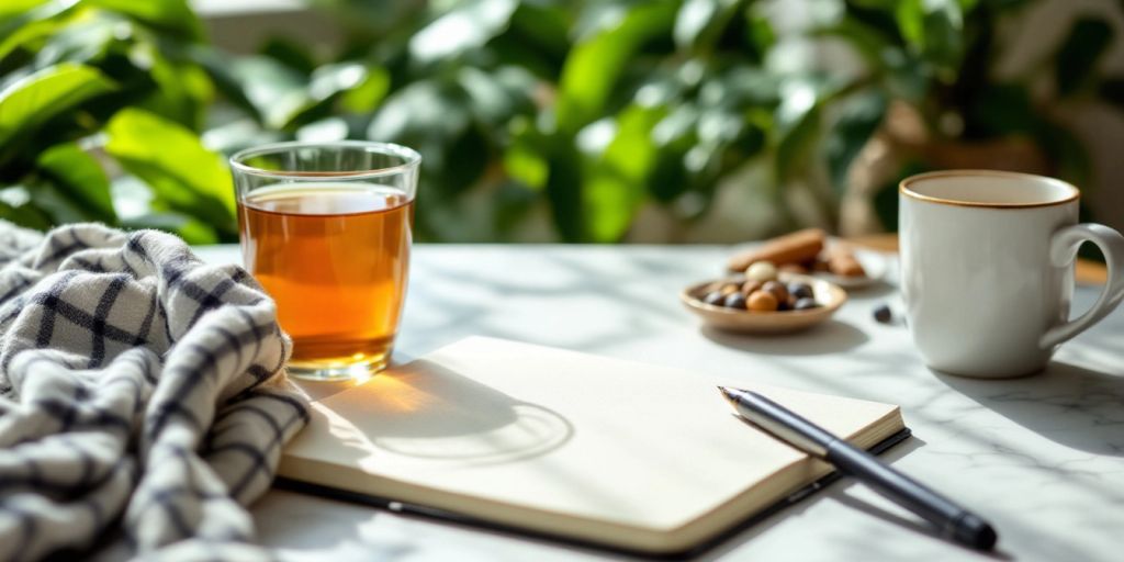 Inviting workspace with notebook and tea for memory improvement.