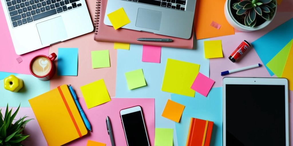 Colorful devices and stationery for student note-taking.