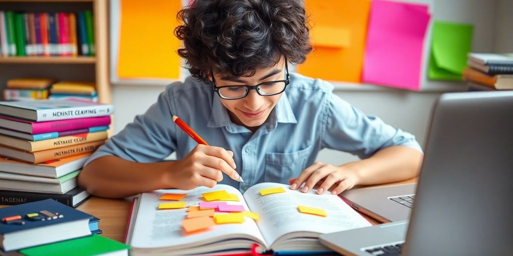 Student studying with sticky notes and colorful textbooks.