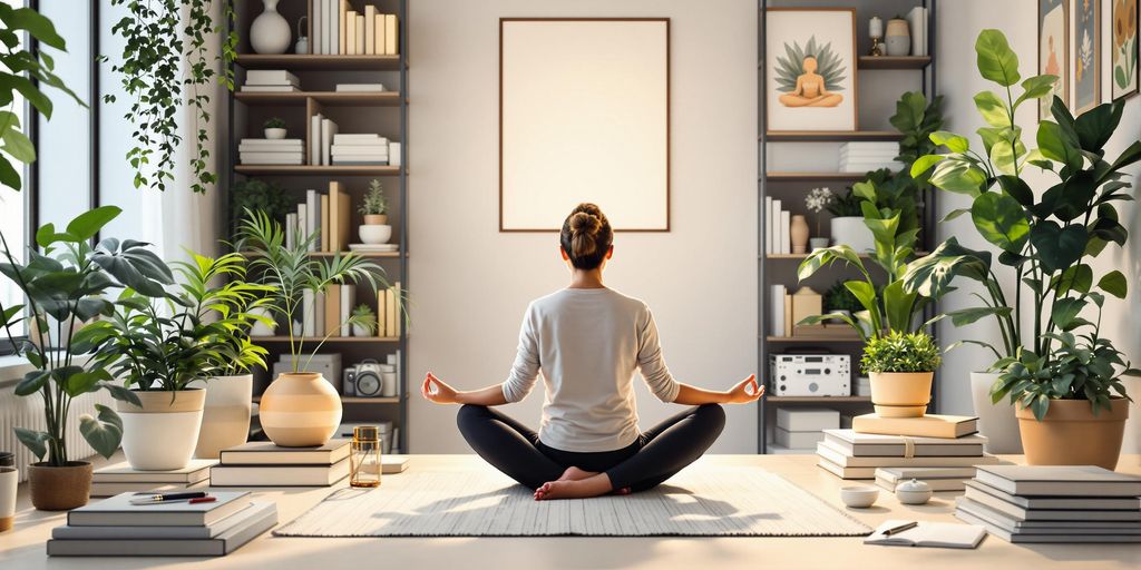 Person meditating in a peaceful, organized workspace with plants.