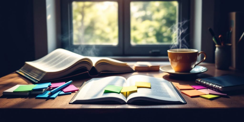 Study space with open book and colorful sticky notes.