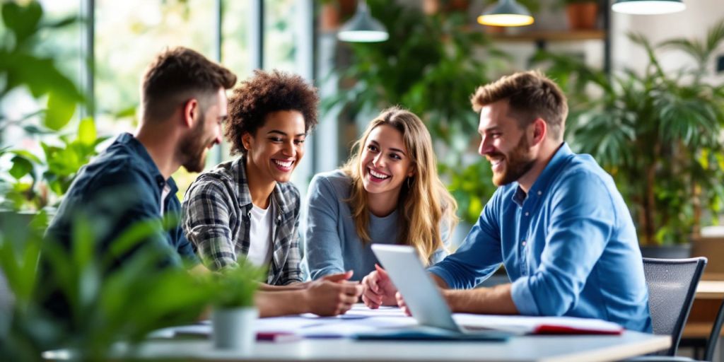 Employees collaborating in a bright, engaging office environment.