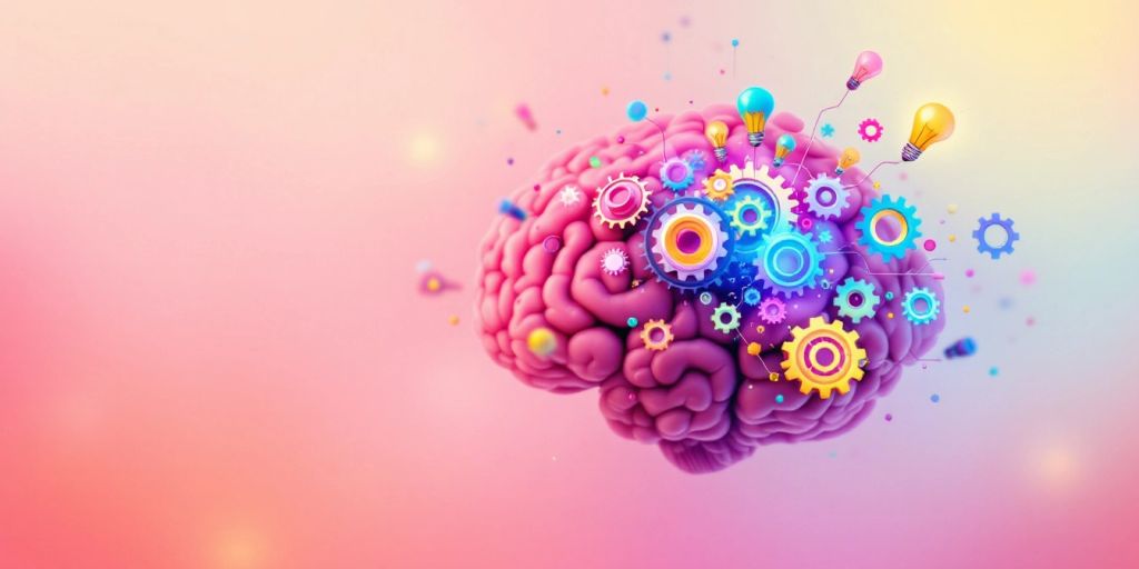 Colorful brain with gears and lightbulbs for memory.