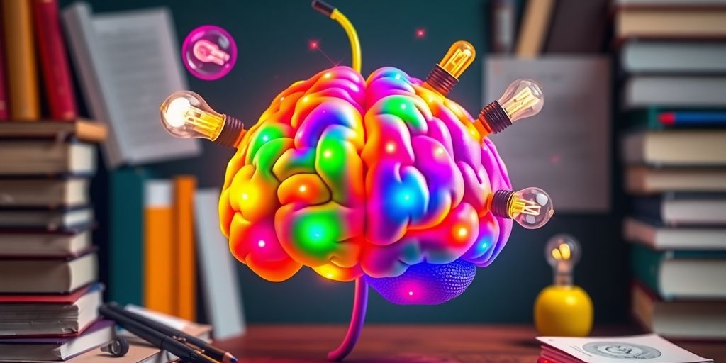 Colorful brain with bulbs, books, and learning tools.