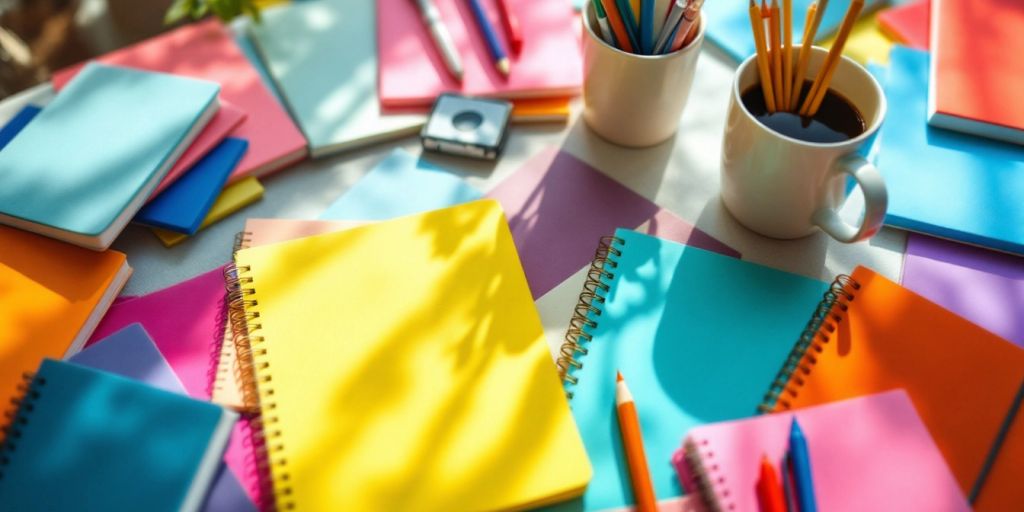 Colorful notebooks and pens on a bright workspace.