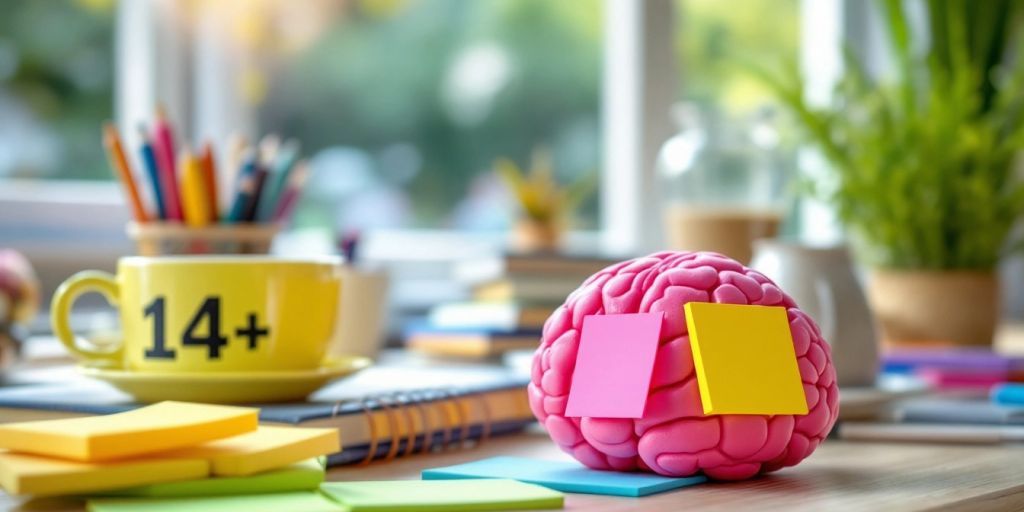 Study space with colorful notes and brain-shaped stress ball.