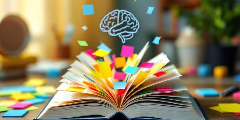 Open book with sticky notes and a brain illustration.