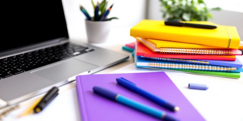 Colorful notebooks and pens on a workspace.