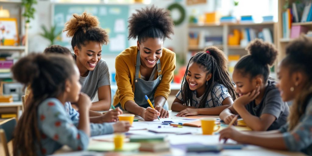 Students learning together in a bright classroom.