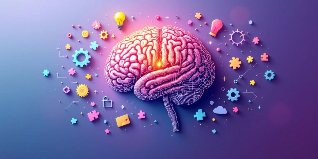 Colorful brain illustration with memory-related icons.