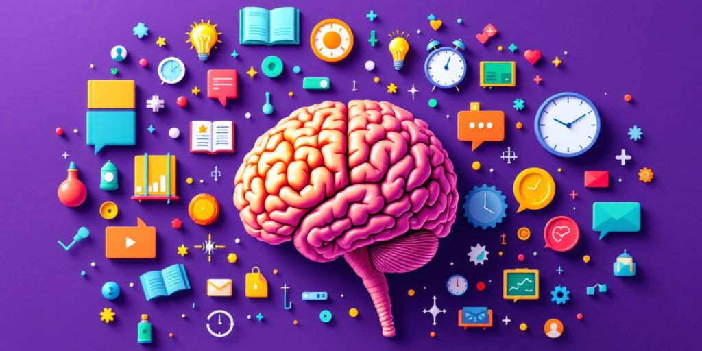 Brain with colorful icons for memory techniques.