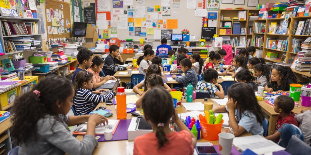 Students engaged in collaborative learning activities in a classroom.