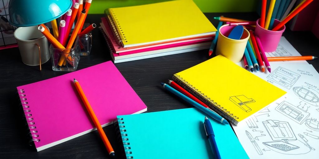 Colorful notebooks and pens in a creative workspace.