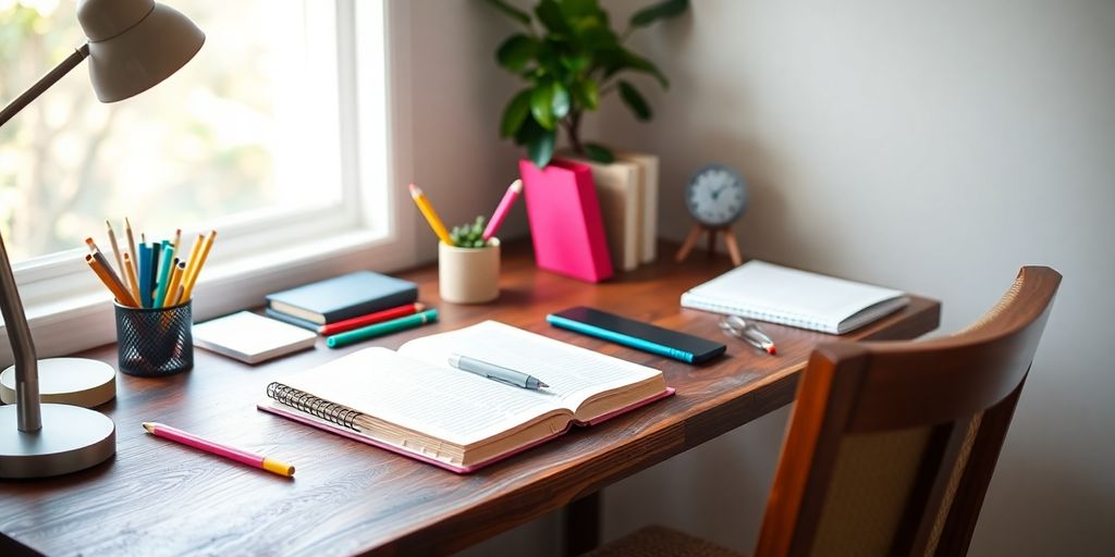 Cozy study space with natural light and stationery.