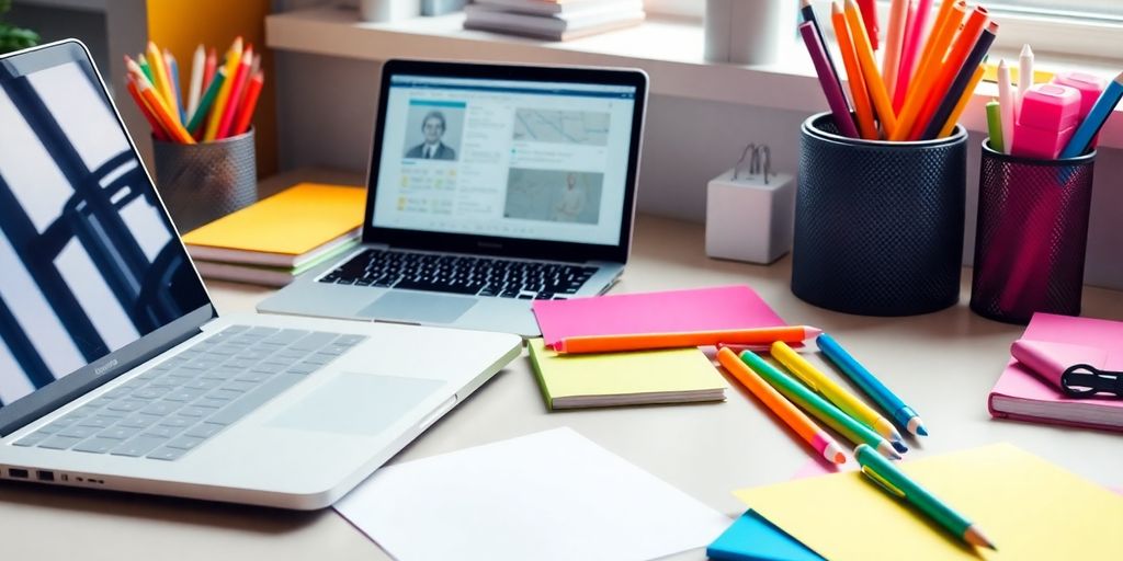 Colorful study notes and laptop on a desk.