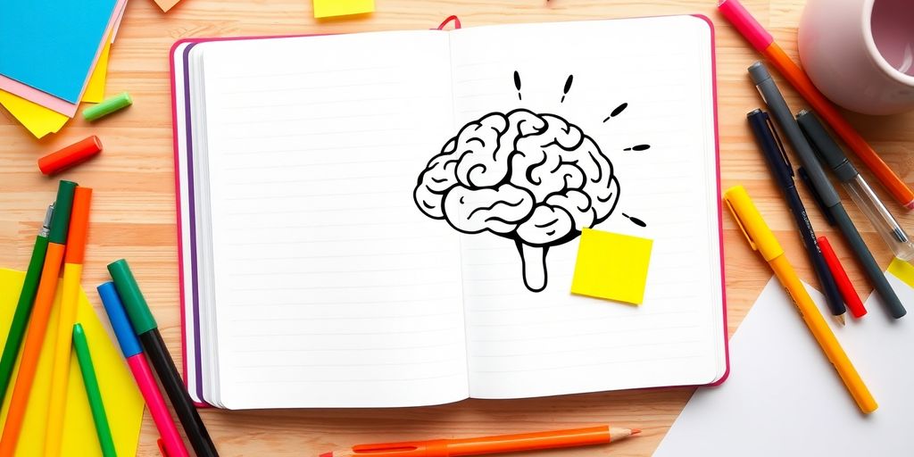 Open notebook with sticky notes and brain illustration.